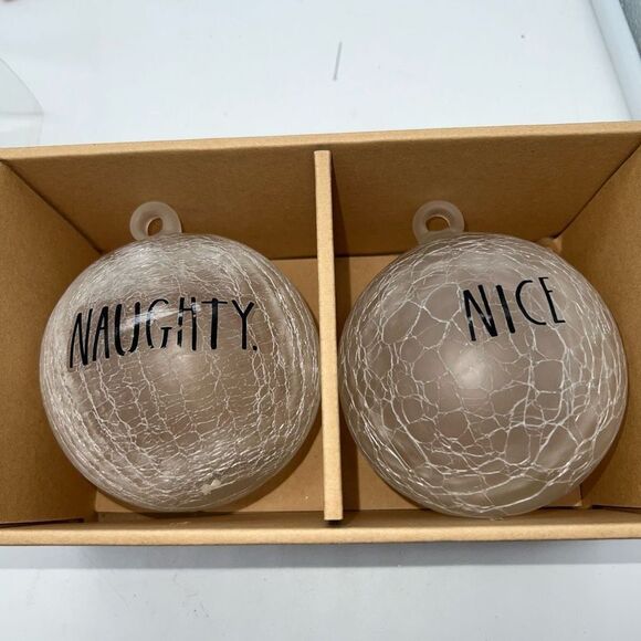 Rae Dunn “Naughty” and “Nice” Large Frosted Glass Ball Ornament Set - Picture 2 of 3